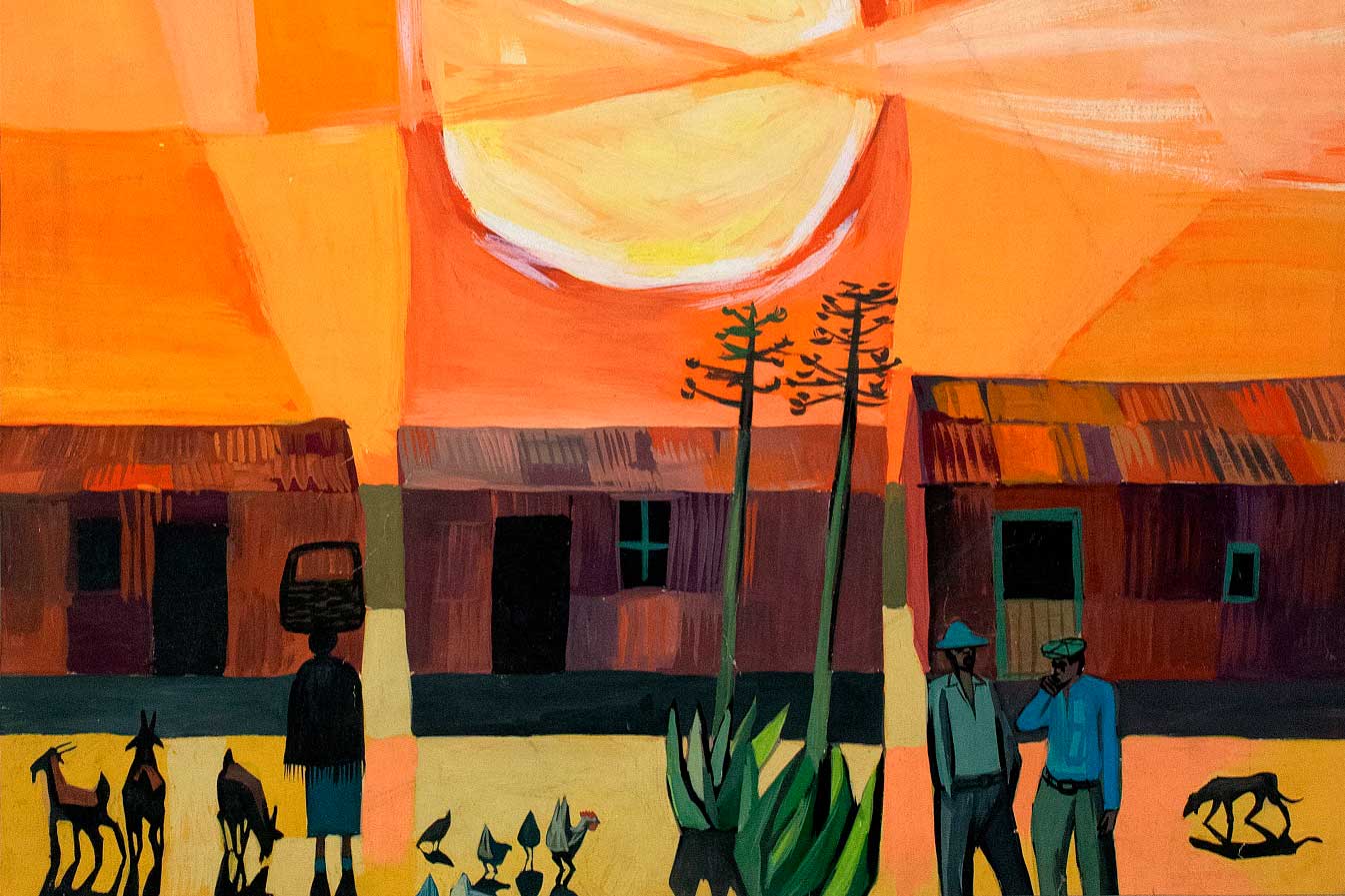 Peter Clarke (South African, 1929–2014), That Evening Sun Goes Down (detail), 1960, gouache on paper, 21 1/2 x 17 in. Fisk University Galleries, Nashville, Gift of the Harmon  Foundation, 1991.313. © 2022 Peter Edward Clarke / DALRO, Johannesburg / Artists Rights Society (ARS), New York. Courtesy American Federation of Arts. Funding for the conservation of  this artwork was generously provided through a grant from the Bank of America Conservation Project