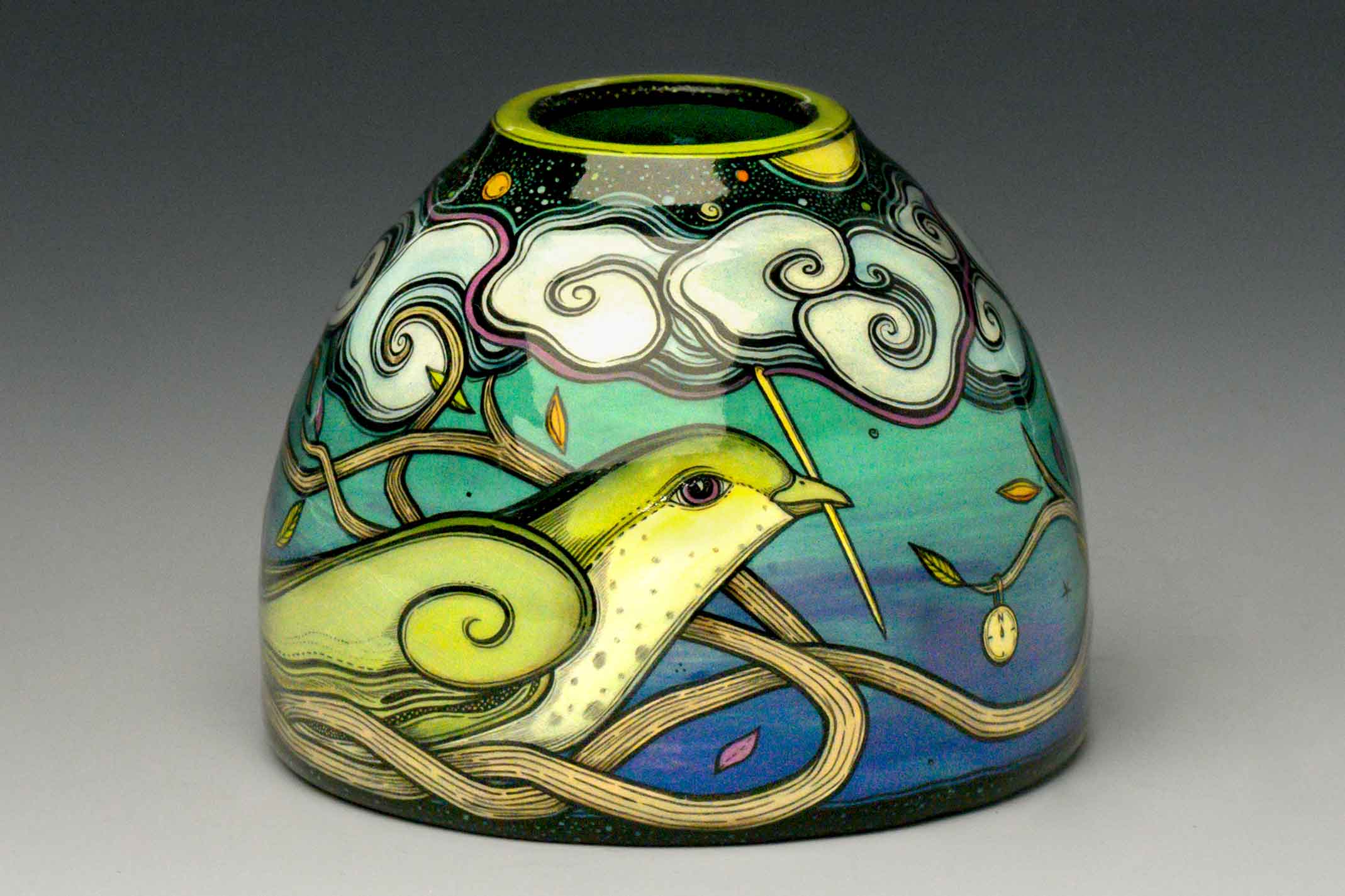 Terri Kern (American, born 1964), Seamstress, wheel thrown, hand painted with underglaze, finished with clear glaze, 2 1/2 x 3 in. diam. Photo by Michael Svach. This vase is representative of the works that will be on view in Resilience.