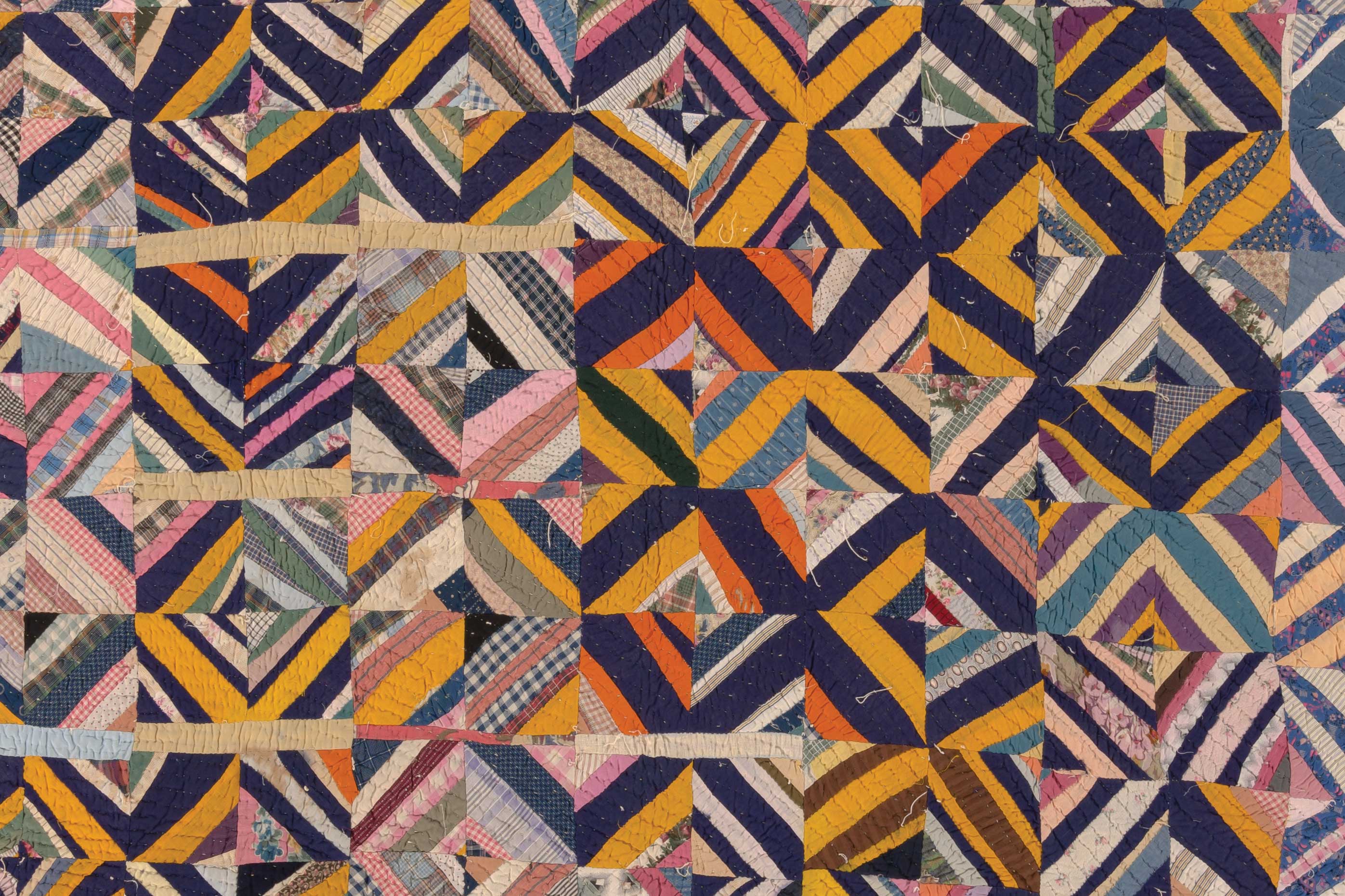 Rella Thompson (American), String Squares Quilt, detail, about 1925, Franklin County , North Carolina, hand-pieced cotton, 85 x 68 1/2 in. (216 x 174 cm). International Quilt Museum, University of Nebraska-Lincoln, Kathlyn F. Sullivan Collection, 2019.123.0001