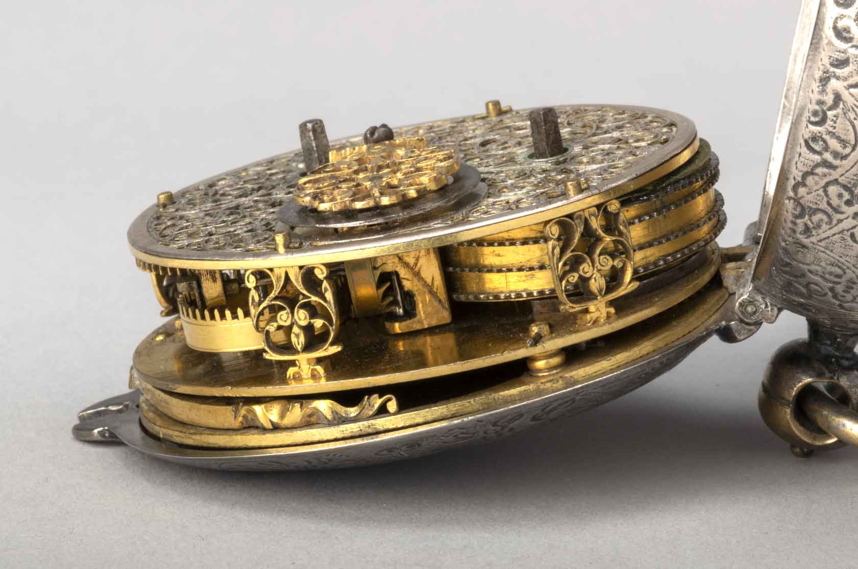 Astronomical Watch with a Calendar (detail), about 1650–75, probably Geneva, Switzerland, silver and gilded brass. Taft Museum of Art, 1932.52