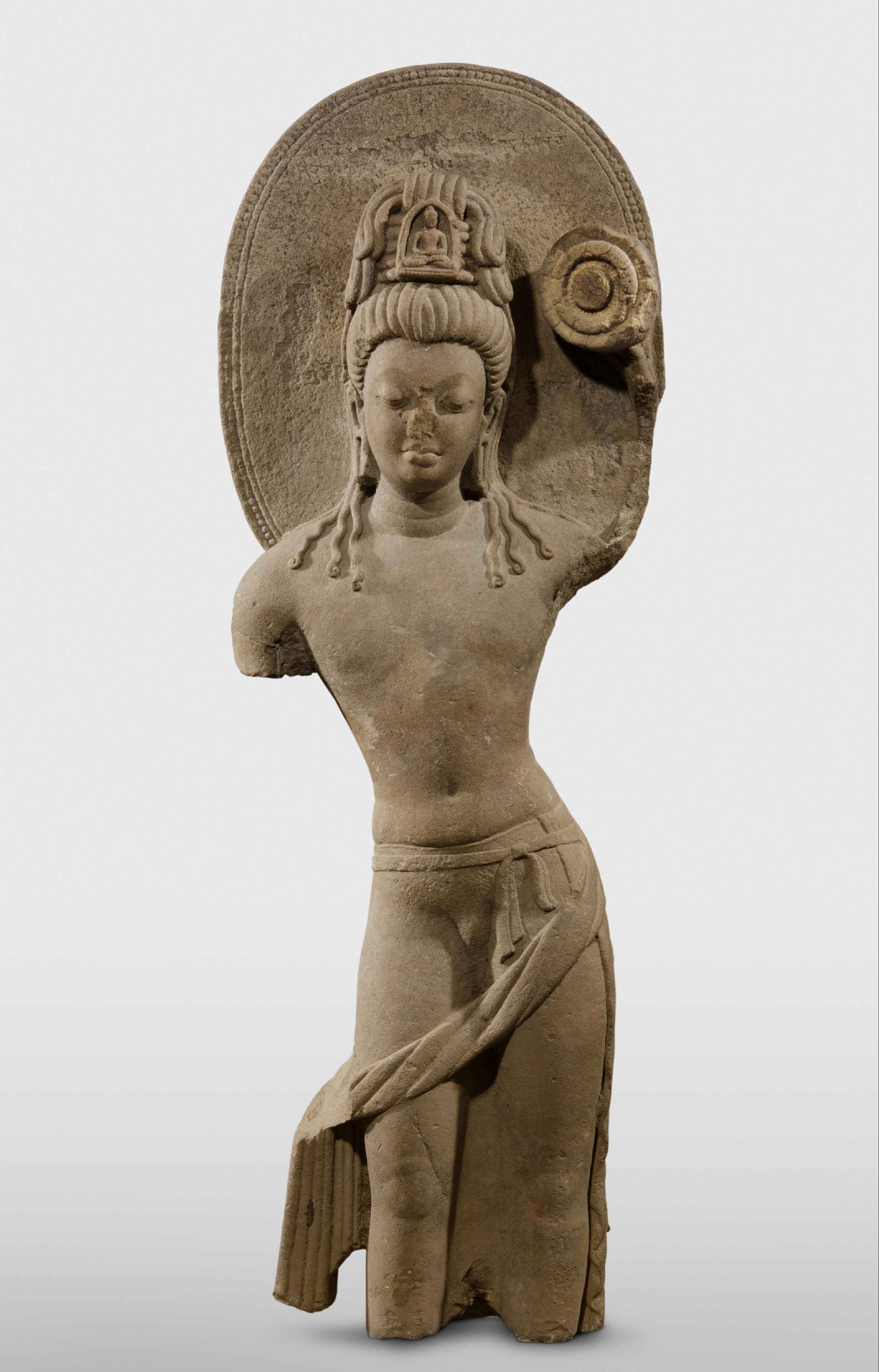 Avalokiteshvara, Bodhisattva of Compassion, about 475–500, Sarnath, Uttar Pradesh, India, Gupta Dynasty (about 300–about 550), sandstone, 48 1/2 x 15 1/2 x 7 inches (123.2 x 39.4 x 17.8 cm), weight: 290.5 lb. (131.77 kg). Philadelphia Museum of Art. Stella Kramrisch Collection, 1994-148-1