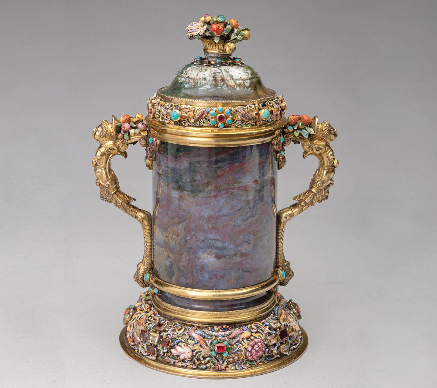 Figure 3 (left): after treatment, Possibly Johann Zeidler, Two-Handled Covered Cup, Nördlingen, Germany, mid-17th century, moss agate, silver-gilt, and enamel on copper with rubies, garnets, emeralds, sapphires, citrine, and turquoise. Taft Museum of Art, 1931.267