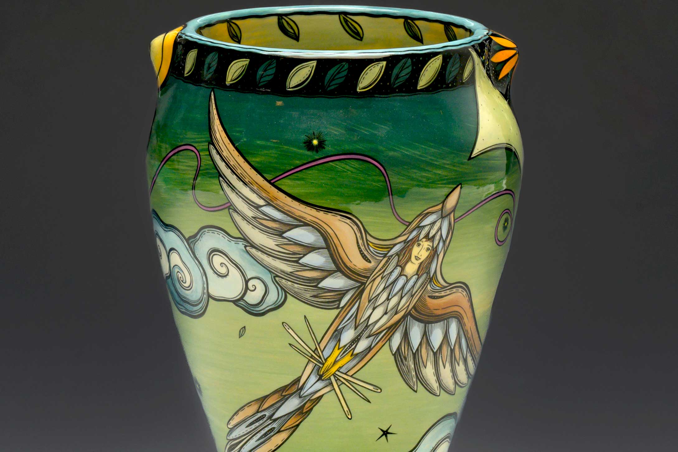 Terri Kern (American, born 1964), A Stitch in Time, detail, wheel thrown, hand painted with underglaze, finished with clear glaze, 8 x 3 in. diam. Photo by Michael Svach