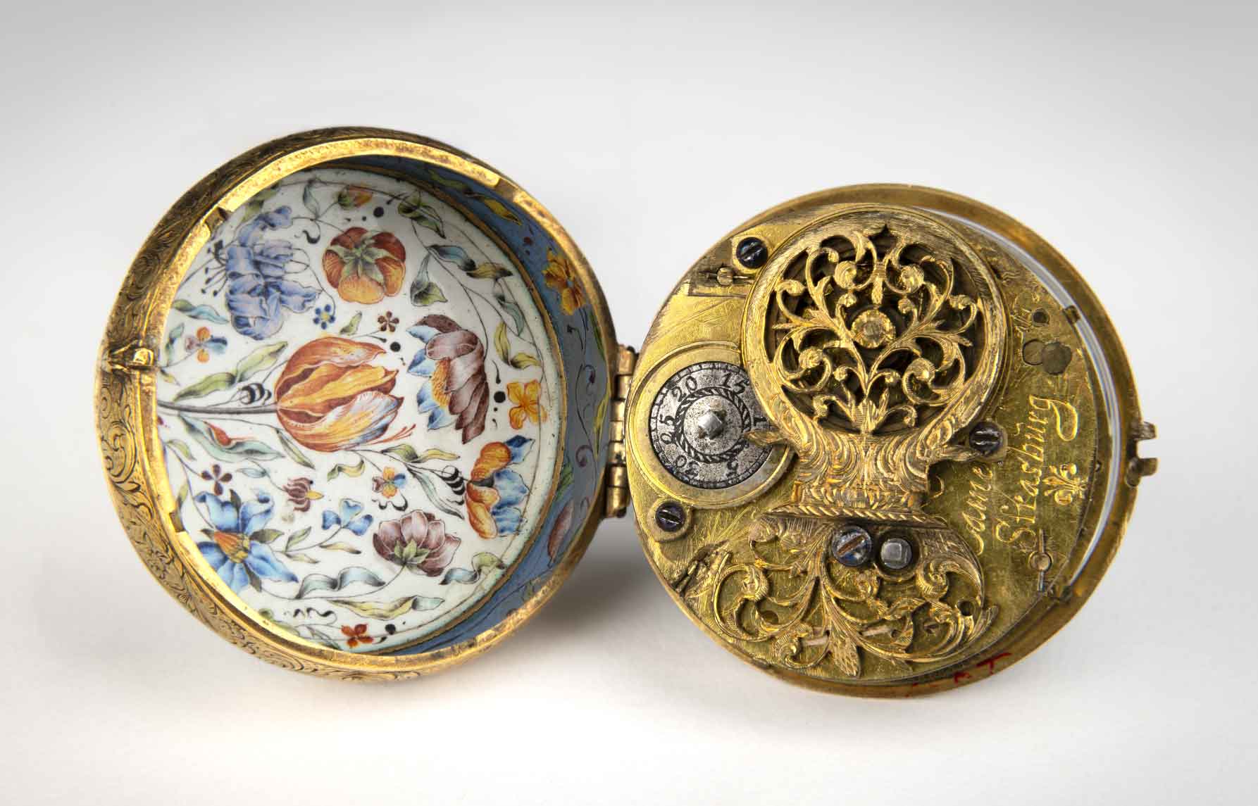 Caspar Cameel (French, active from about 1625), watchmaker, Watch with the Judgment of Paris, about 1640, with early- to mid-17th-century movement (Strasbourg, France), probably Blois, France, enamel on copper with brass band, gilded metal hand, and modern crystal. Taft Museum of Art, 1932.64