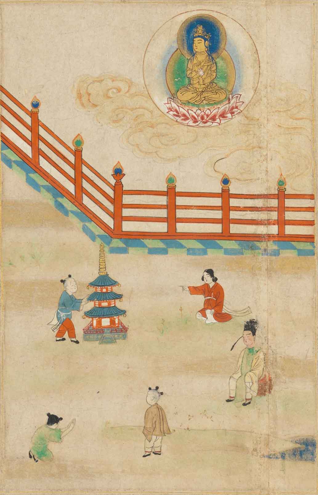 Sugawara Mitsushige (Japanese, active mid-1200s), “Universal Gateway,” Chapter 25 of the Lotus Sutra (detail images), 1257, Kamakura period (1185–1333), Japan, handscroll; ink, color, and gold on paper, 9 11/16 in. x 30 ft. 8 1/16 in. (24.6 x 934.9 cm). The Metropolitan Museum of Art. Purchase, Louisa Eldridge McBurney Gift, 1953, 53.7.3