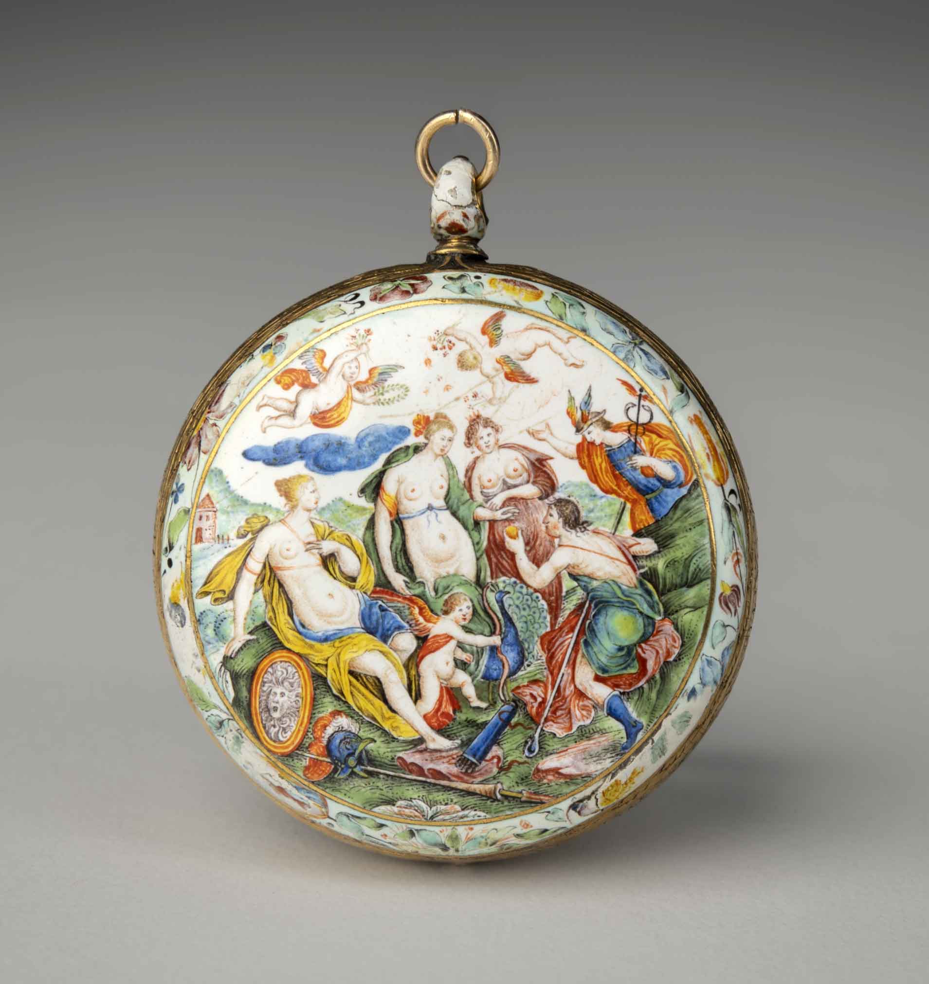 Caspar Cameel (French, active from about 1625), watchmaker, Watch with the Judgment of Paris, about 1640, with early- to mid-17th-century movement (Strasbourg, France), probably Blois, France, enamel on copper with brass band, gilded metal hand, and modern crystal. Taft Museum of Art, 1932.64